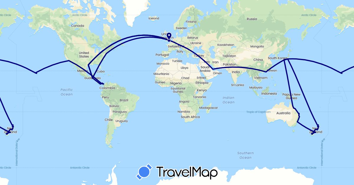 TravelMap itinerary: driving in Australia, China, Colombia, Germany, United Kingdom, Guatemala, Japan, New Zealand, Panama, Qatar, United States (Asia, Europe, North America, Oceania, South America)